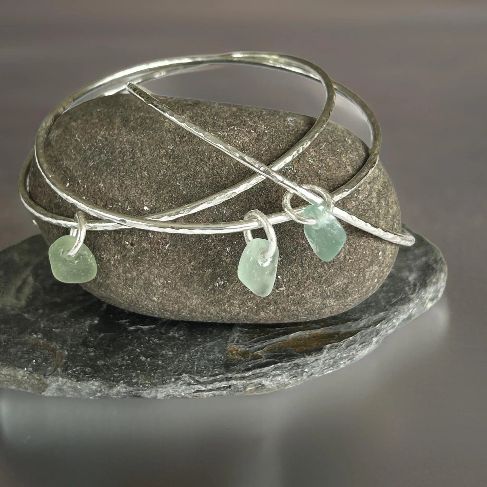 Silver Trio Interlinked Bangle With Sea Glass Charms