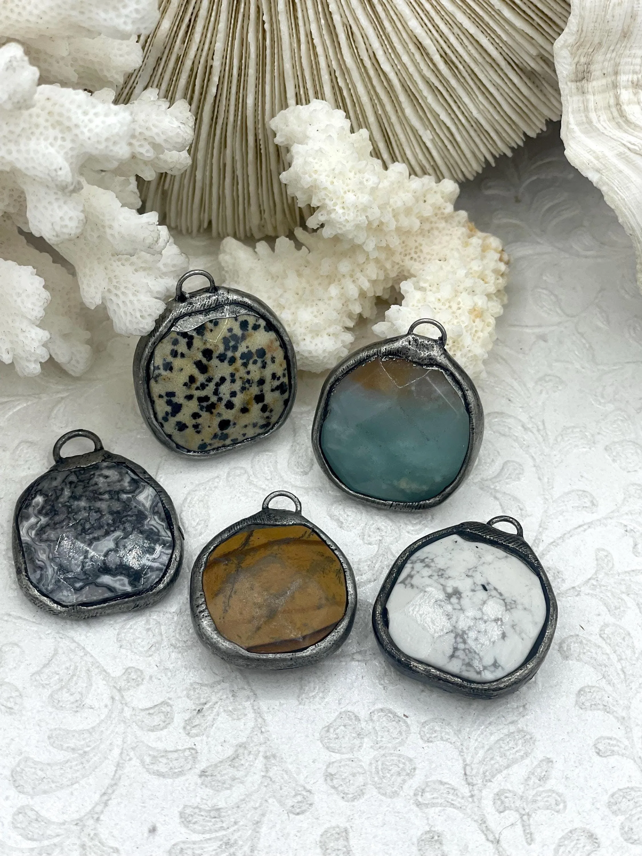 Soldered Natural Stone Pendants, Round Stone Pendants with Gunmetal Soldering, Comes in 5 pattern styles, Natural Stones, Fast Ship.