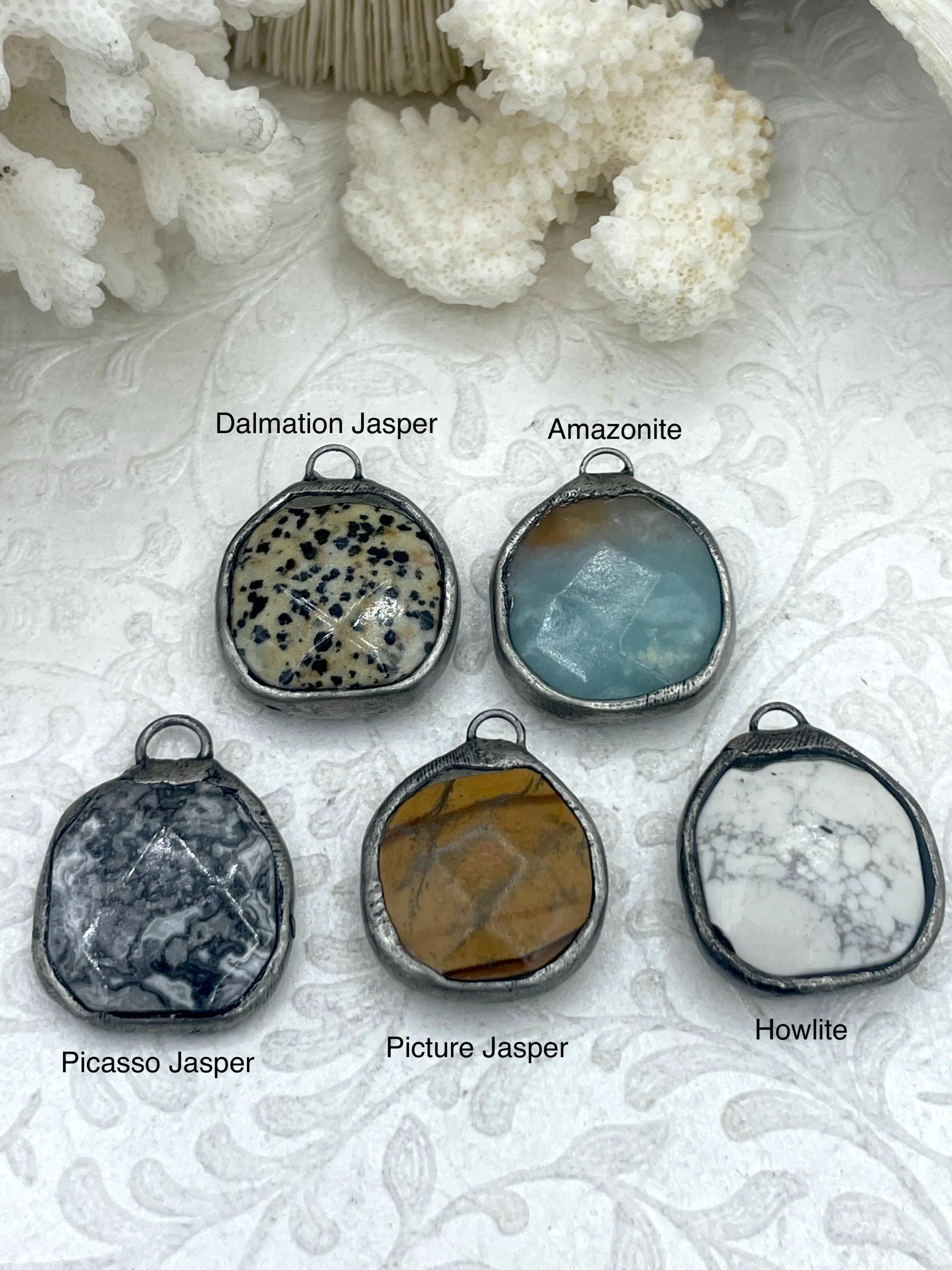 Soldered Natural Stone Pendants, Round Stone Pendants with Gunmetal Soldering, Comes in 5 pattern styles, Natural Stones, Fast Ship.