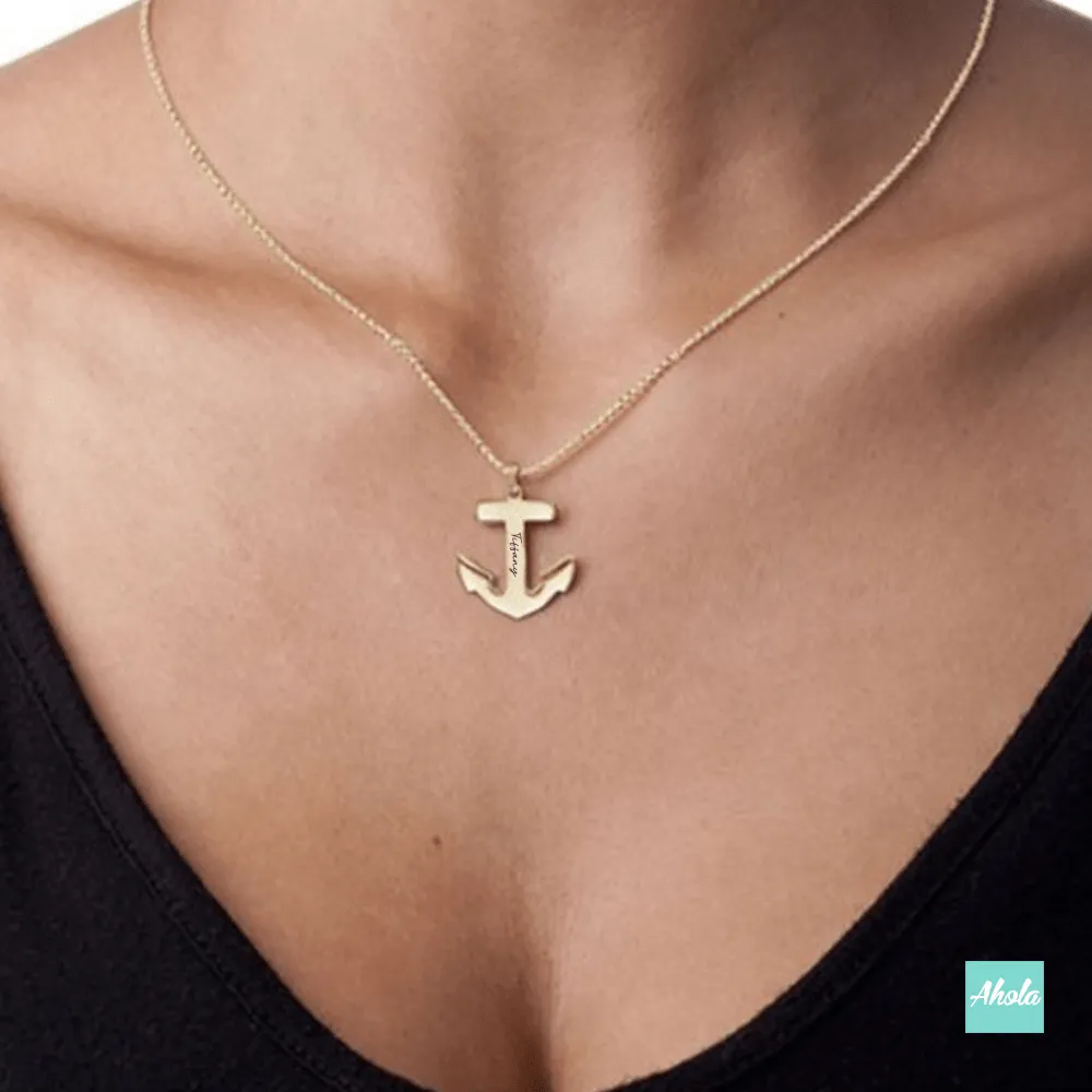 SP057 Platinum Plated Sterling Silver Sailors Anchor Necklace 純銀刻字船錨頸鏈