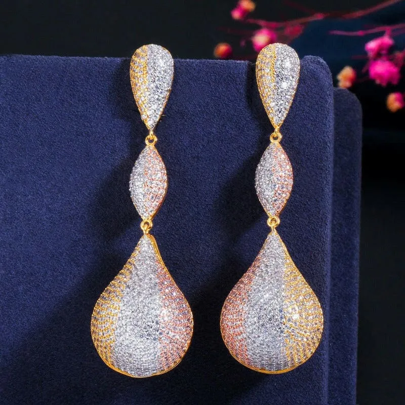 Stylish Long Elegant Earrings with Micropaved Zirconia Three-color Design