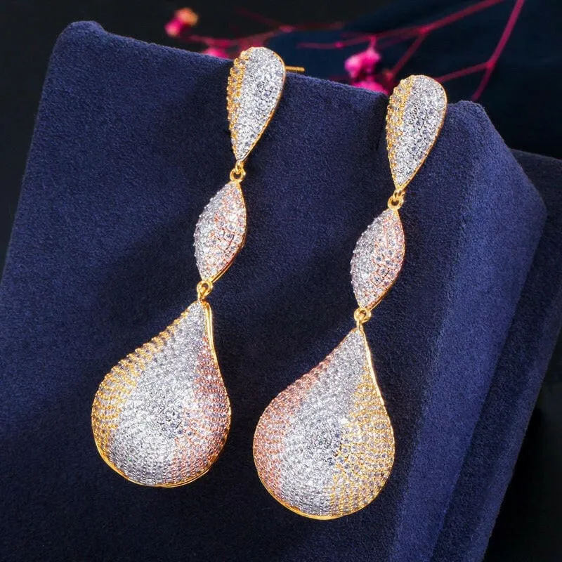 Stylish Long Elegant Earrings with Micropaved Zirconia Three-color Design