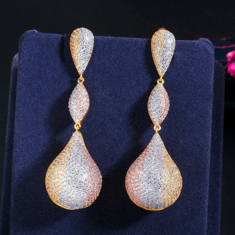 Stylish Long Elegant Earrings with Micropaved Zirconia Three-color Design