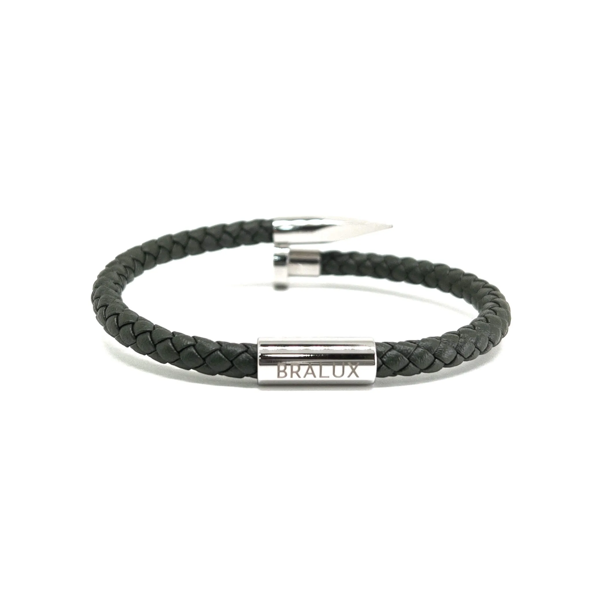 The Army Green and Silver Plated Nail Leather Bracelet