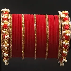 Traditional red velvet bangle set with gold rhine stone and pearl kadas ( 2.6 )