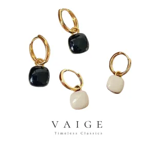 VAIGE Elegant Black Enamel Square Drop Huggie Hoop Earrings