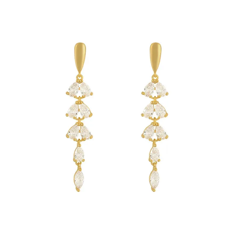 VAIGE Shiny Gold Color Tassel Leaf Earrings with Semi-Precious Zircon for Elegant Events and Parties