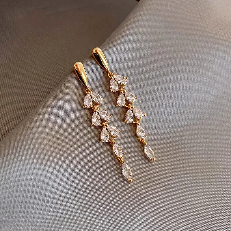 VAIGE Shiny Gold Color Tassel Leaf Earrings with Semi-Precious Zircon for Elegant Events and Parties