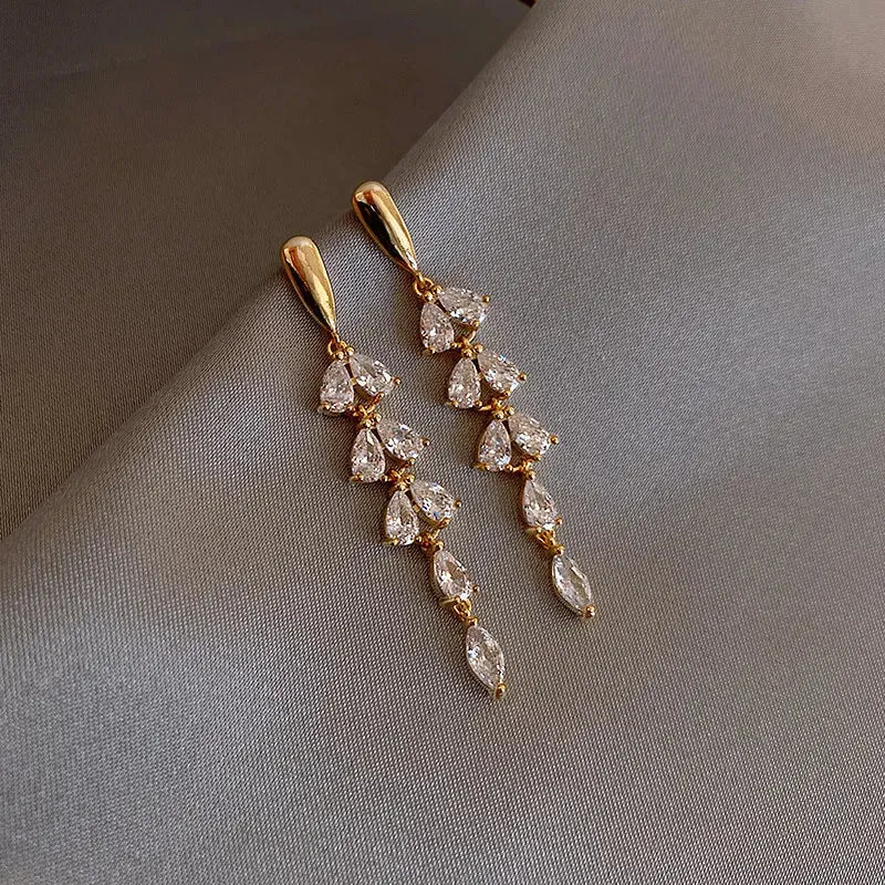 VAIGE Shiny Gold Color Tassel Leaf Earrings with Semi-Precious Zircon for Elegant Events and Parties