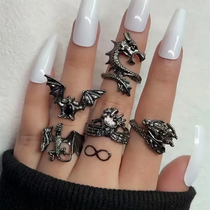 Vintage Goth Ring Set for Women Men Geometric Black Dragon Snake Heart Multi Knuckle Finger Ring Personality Trendy y2k Jewelry