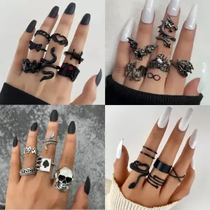 Vintage Goth Ring Set for Women Men Geometric Black Dragon Snake Heart Multi Knuckle Finger Ring Personality Trendy y2k Jewelry