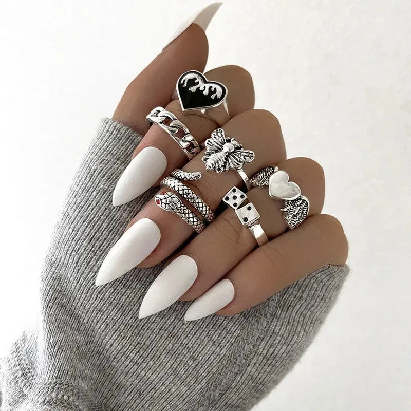 Vintage Goth Ring Set for Women Men Geometric Black Dragon Snake Heart Multi Knuckle Finger Ring Personality Trendy y2k Jewelry