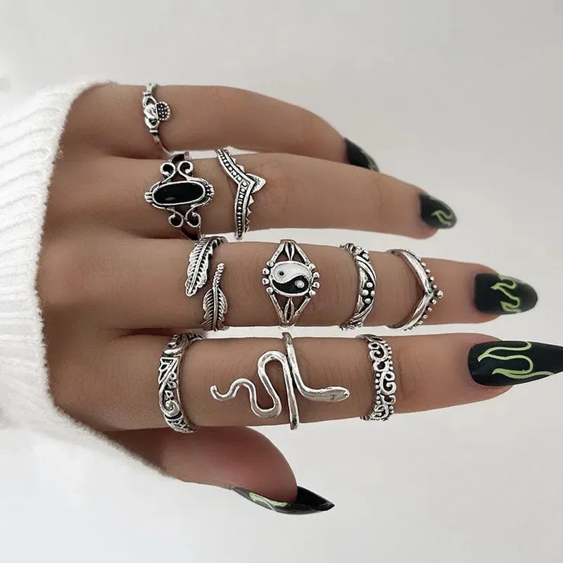 Vintage Goth Ring Set for Women Men Geometric Black Dragon Snake Heart Multi Knuckle Finger Ring Personality Trendy y2k Jewelry