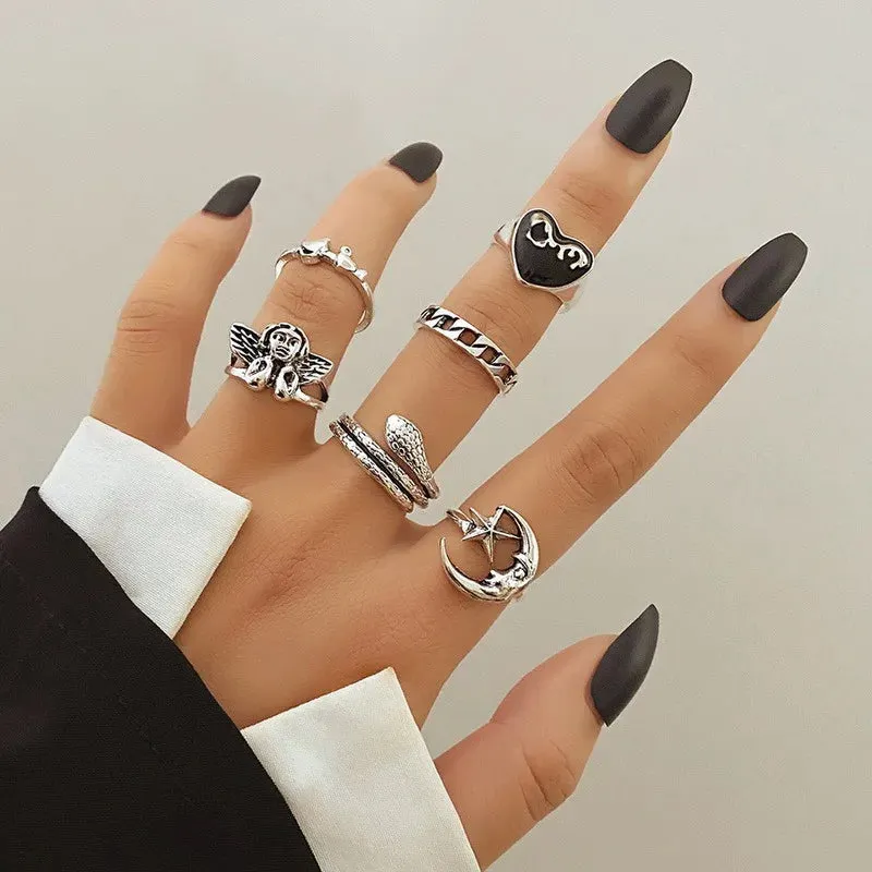 Vintage Goth Ring Set for Women Men Geometric Black Dragon Snake Heart Multi Knuckle Finger Ring Personality Trendy y2k Jewelry