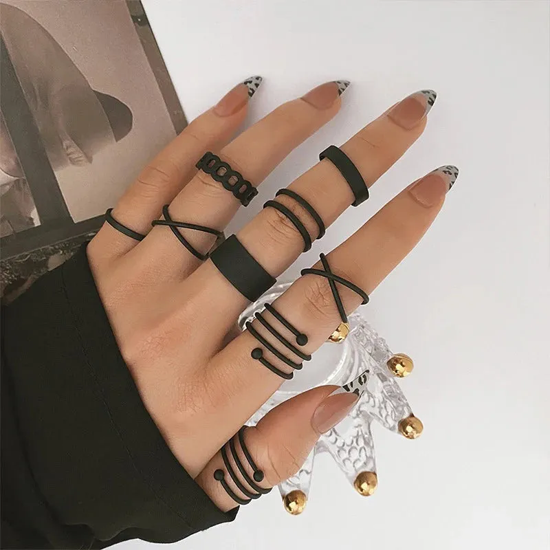 Vintage Goth Ring Set for Women Men Geometric Black Dragon Snake Heart Multi Knuckle Finger Ring Personality Trendy y2k Jewelry