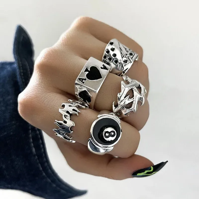 Vintage Goth Ring Set for Women Men Geometric Black Dragon Snake Heart Multi Knuckle Finger Ring Personality Trendy y2k Jewelry