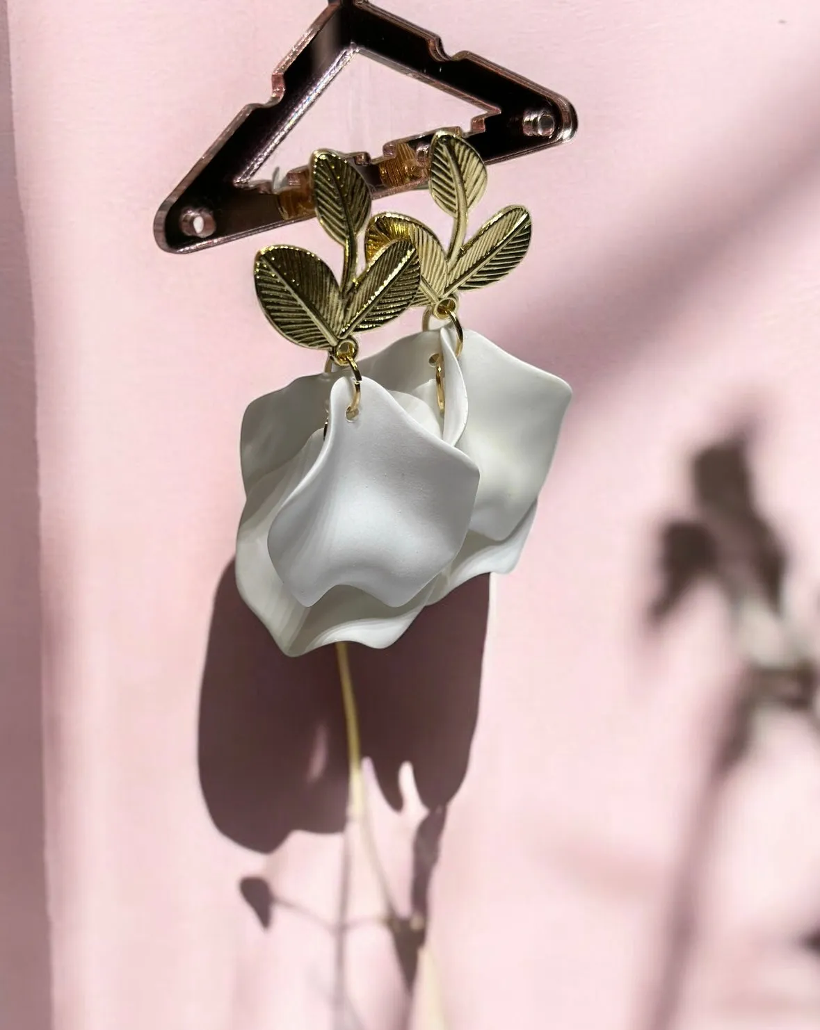 White - matte flower earrings | golden leaf style earrings