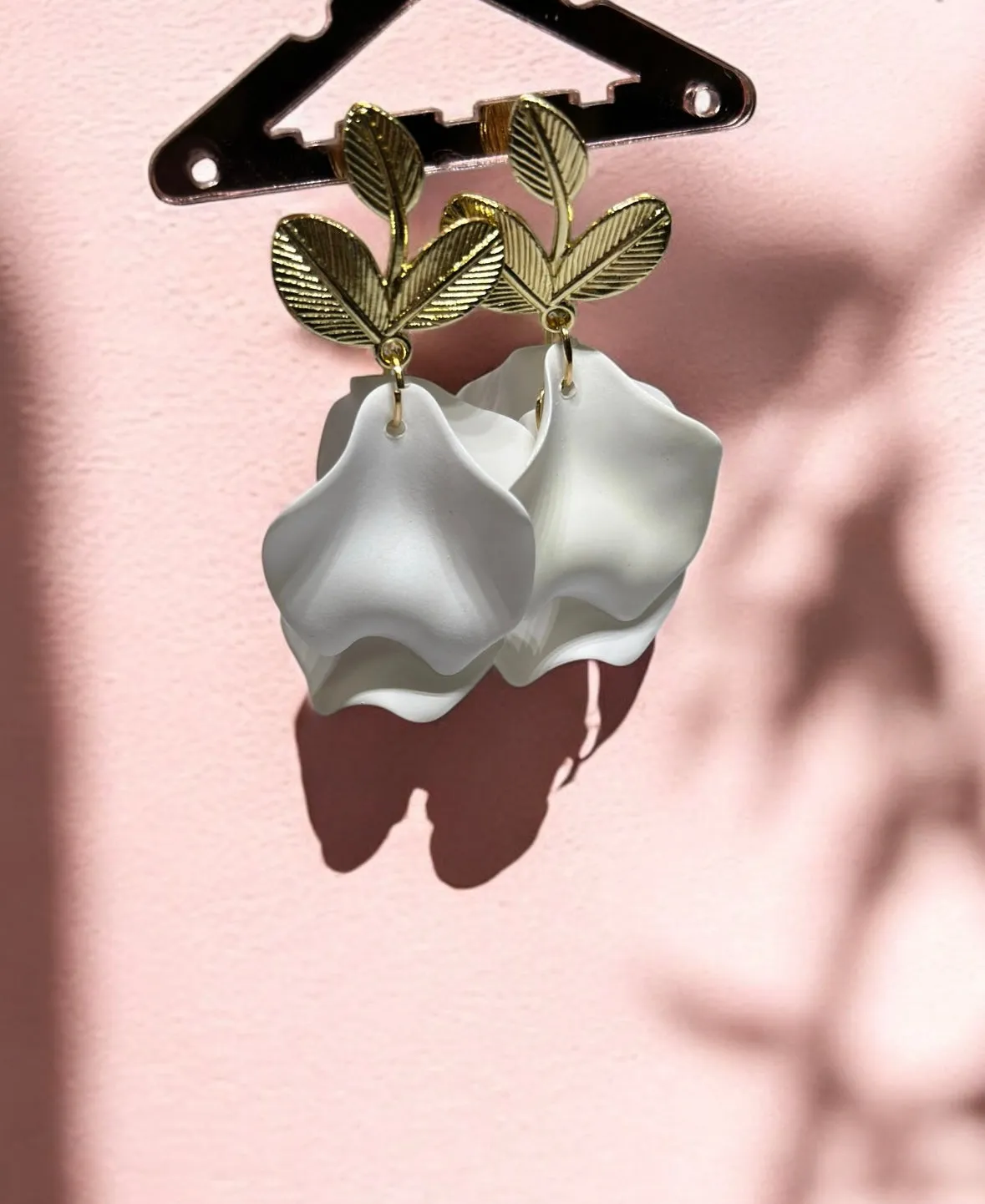 White - matte flower earrings | golden leaf style earrings