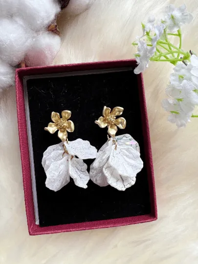 White - pearlescent shell petals dangle earrings |unique floral earrings | bridal party wedding earrings