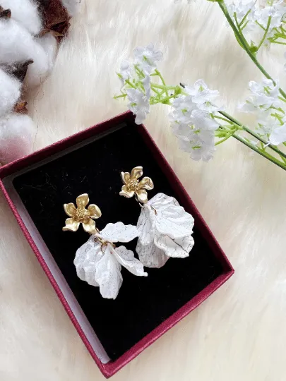 White - pearlescent shell petals dangle earrings |unique floral earrings | bridal party wedding earrings