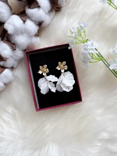 White - pearlescent shell petals dangle earrings |unique floral earrings | bridal party wedding earrings