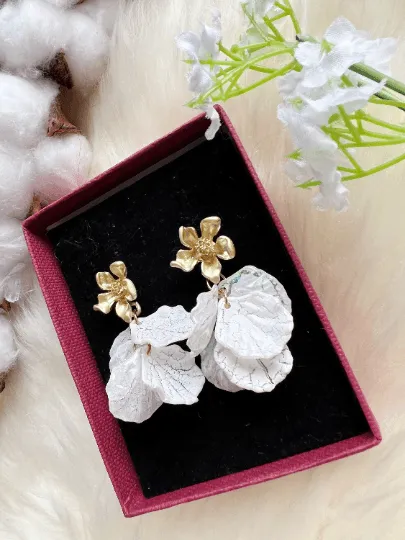 White - pearlescent shell petals dangle earrings |unique floral earrings | bridal party wedding earrings