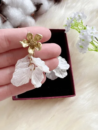 White - pearlescent shell petals dangle earrings |unique floral earrings | bridal party wedding earrings