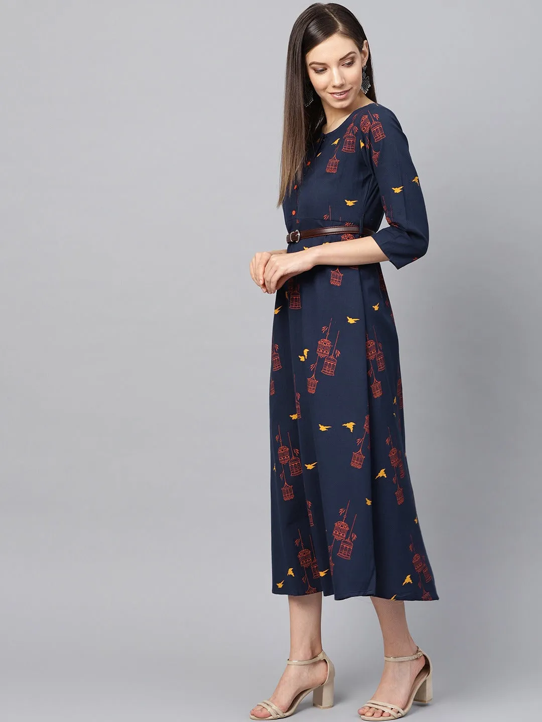 Women Navy Blue & Orange Printed Kurta