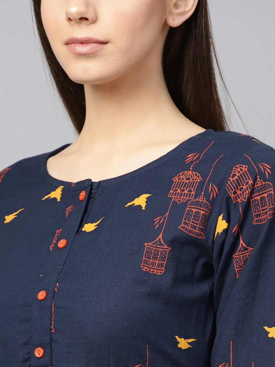 Women Navy Blue & Orange Printed Kurta