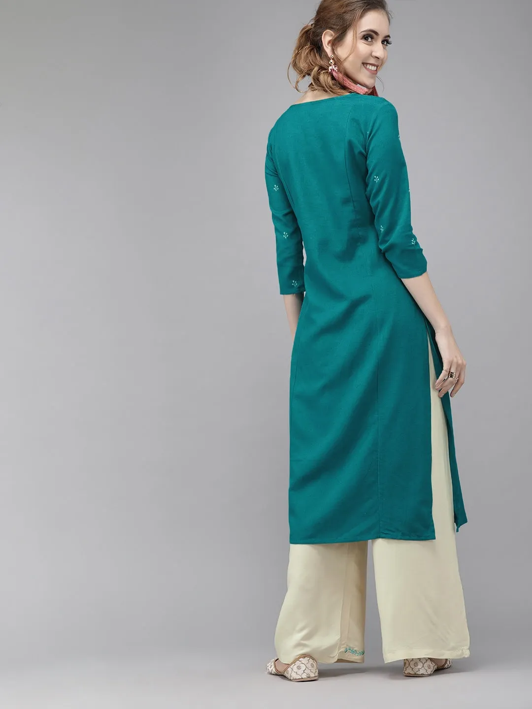 Women Turquoise Blue & Cream Kurta Set