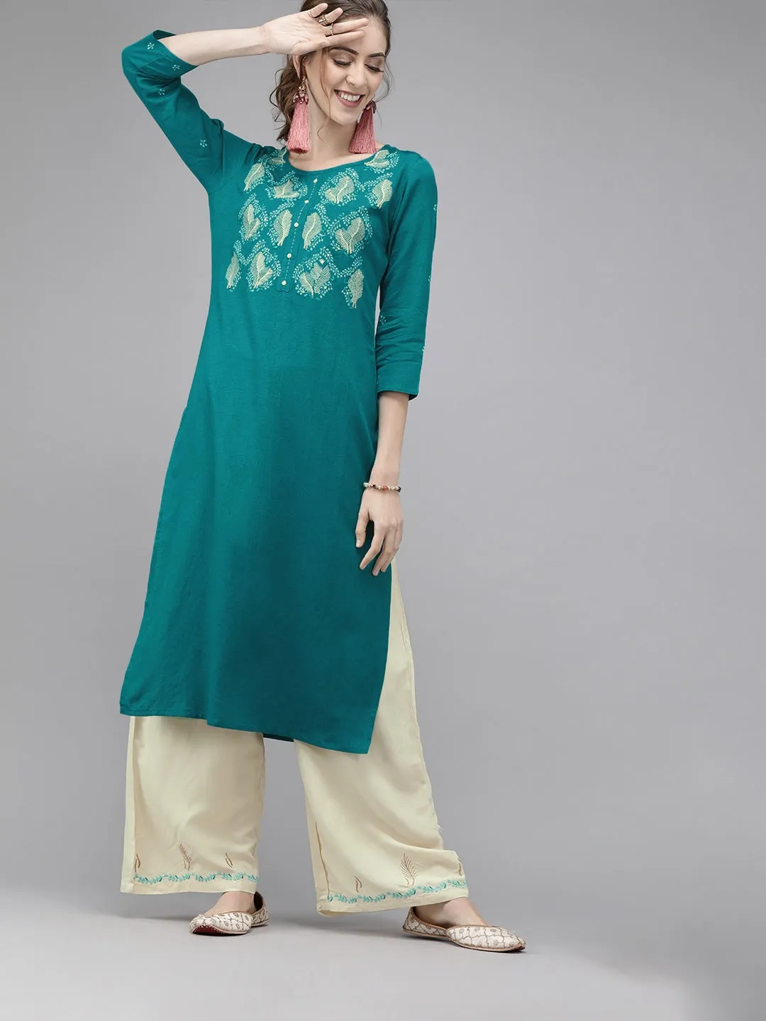 Women Turquoise Blue & Cream Kurta Set