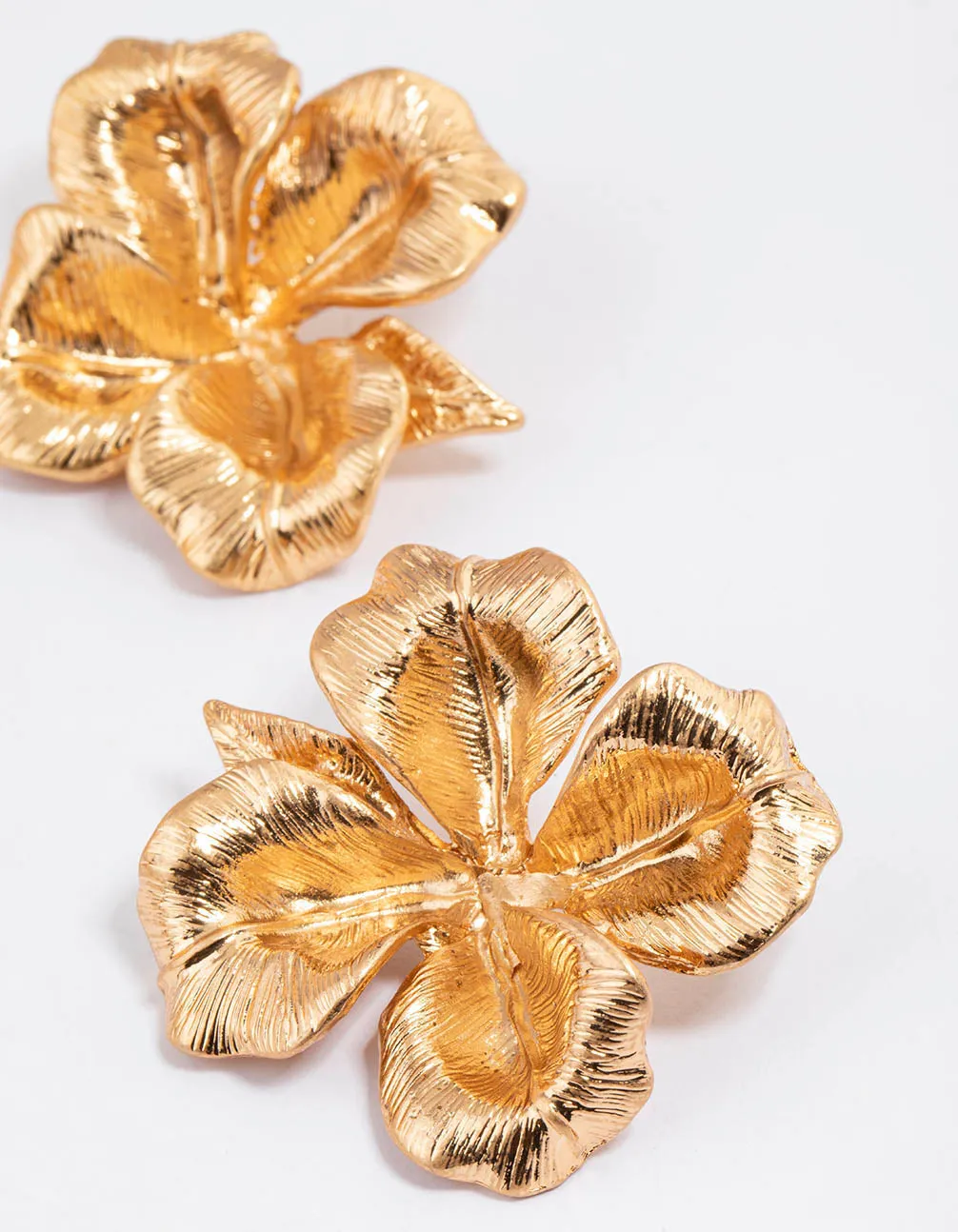 Worn Gold Statement Flower Stud Earrings