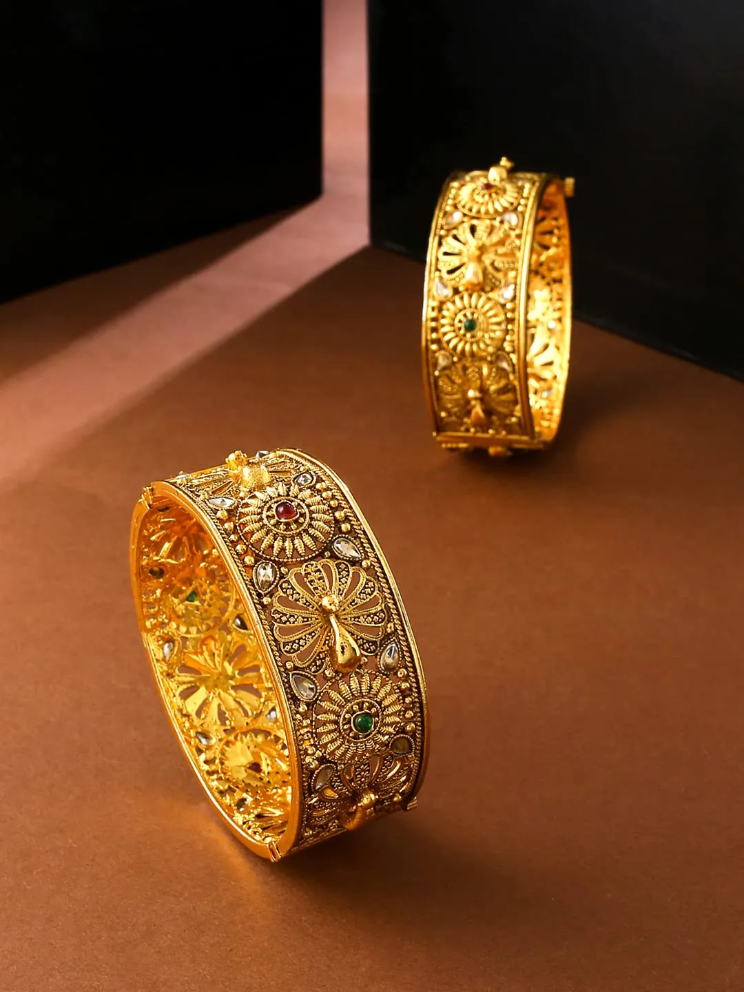 Yellow Chimes Bangles for Women Gold Toned Crystal Studded Peacock Designed Set of 2 Bangles for Women and Girls