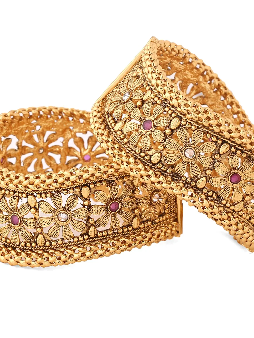 Yellow Chimes Bangles for Women Gold Toned Kundan and Red Pearl Studded Floral Designed Bangles for Women and Girls