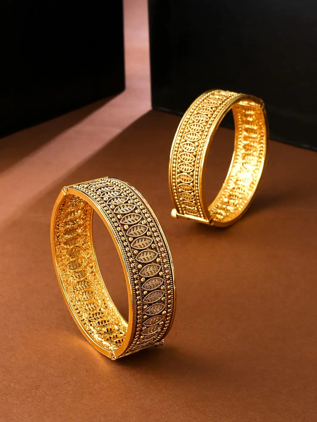 Yellow Chimes Bangles for Women Gold Toned Leaf Designed Set of 2 Bangles for Women and Girls