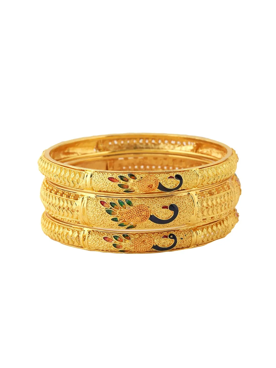 Yellow Chimes Bangles for Women Gold Toned Peacock Designed Meenakari Touch Set of 3 Pcs Traditional Bangles for Women and Girls