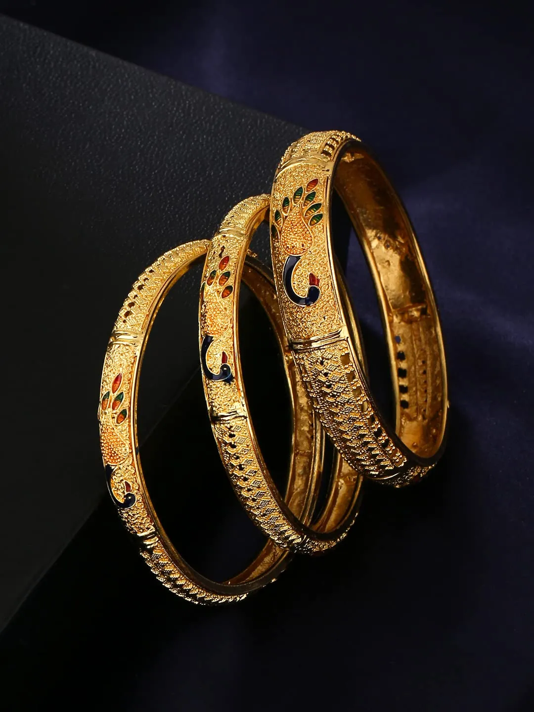 Yellow Chimes Bangles for Women Gold Toned Peacock Designed Meenakari Touch Set of 3 Pcs Traditional Bangles for Women and Girls