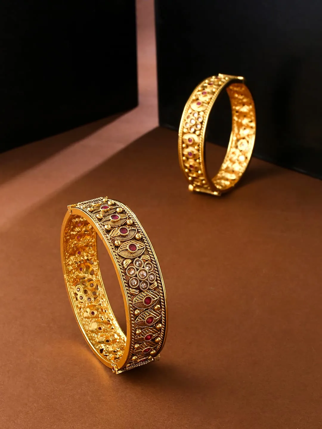 Yellow Chimes Bangles for Women Gold Toned White and Red Crystal Studded Set of 2 Bangles for Women and Girls