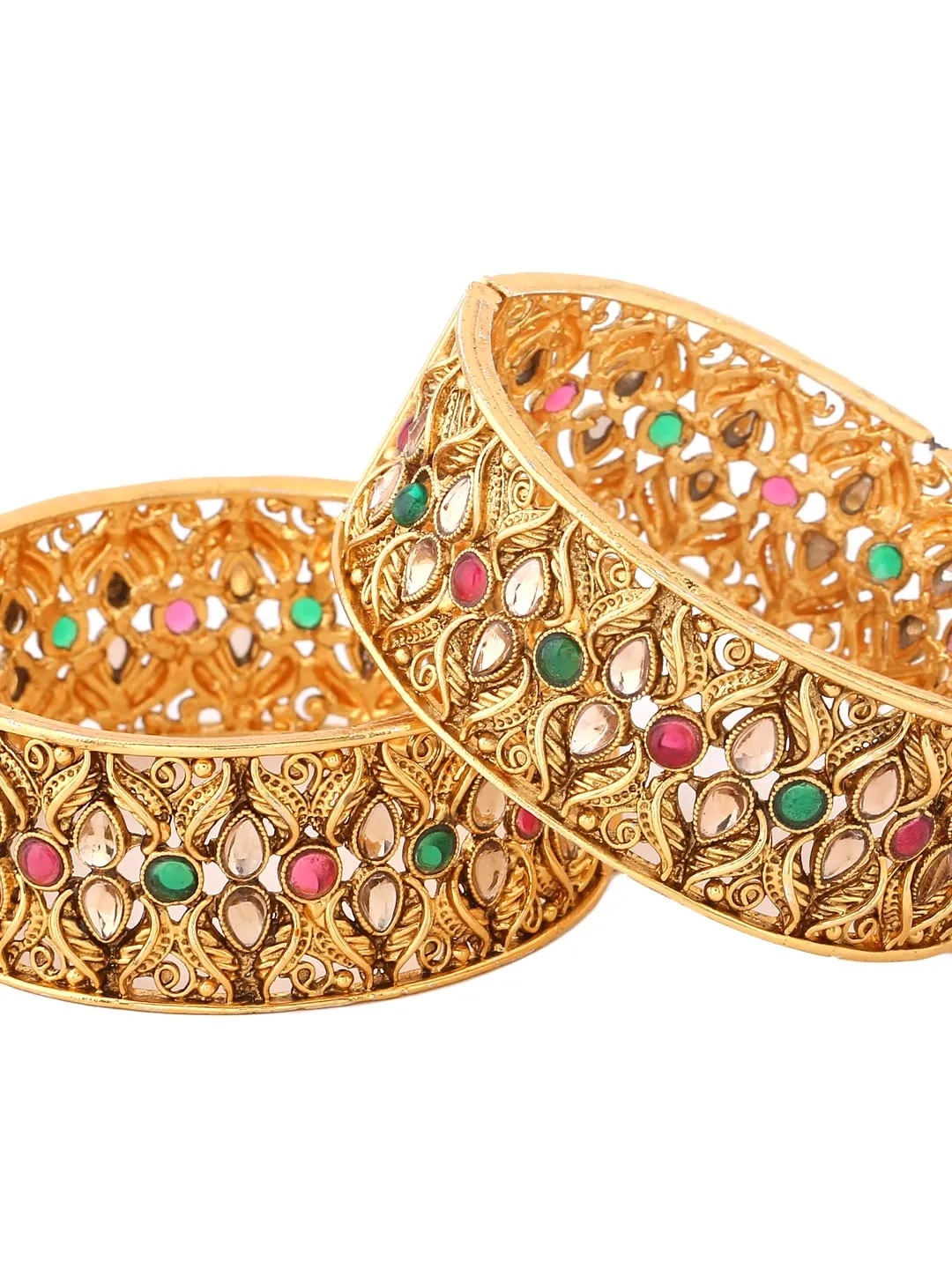 Yellow Chimes Bangles for Women Kundan and Pearl Studded Gold Toned Set of 2 Pcs Bangles for Women and Girls - Size 2.4