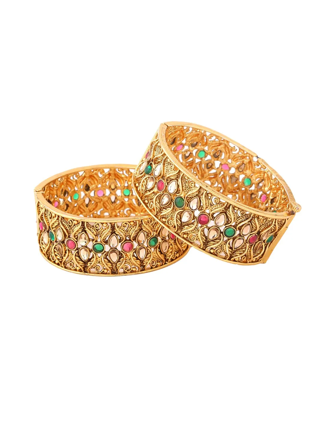 Yellow Chimes Bangles for Women Kundan and Pearl Studded Gold Toned Set of 2 Pcs Bangles for Women and Girls - Size 2.4