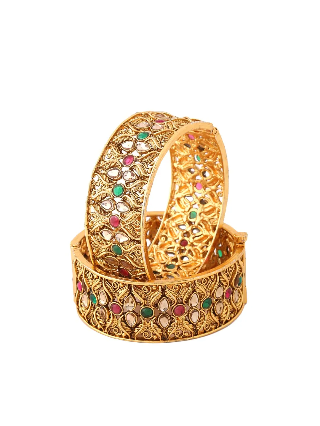 Yellow Chimes Bangles for Women Kundan and Pearl Studded Gold Toned Set of 2 Pcs Bangles for Women and Girls - Size 2.4