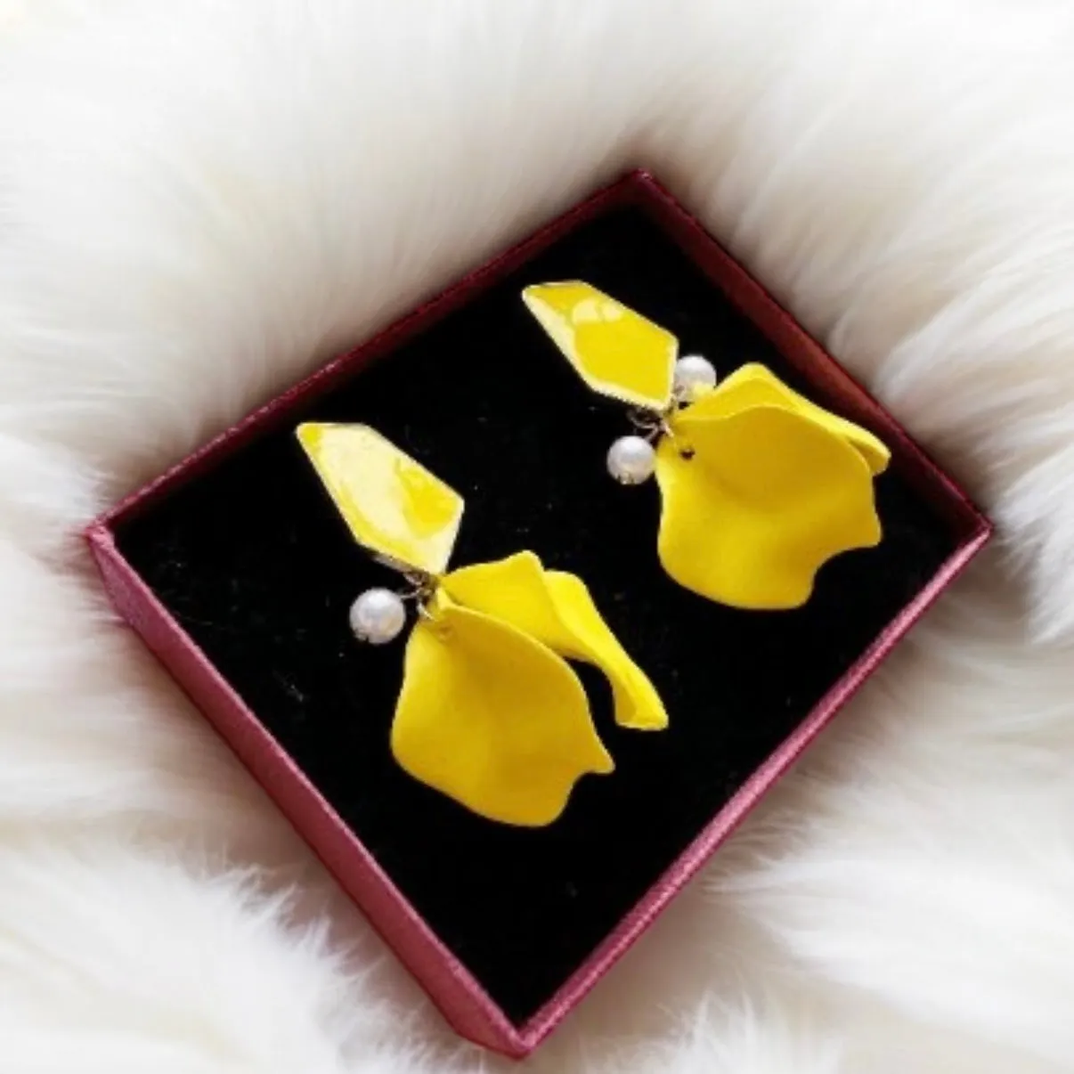 Yellow - pearly flower earrings | dangle petals statement earrings | unique golden bar floral earrings | bridal party wedding earrings